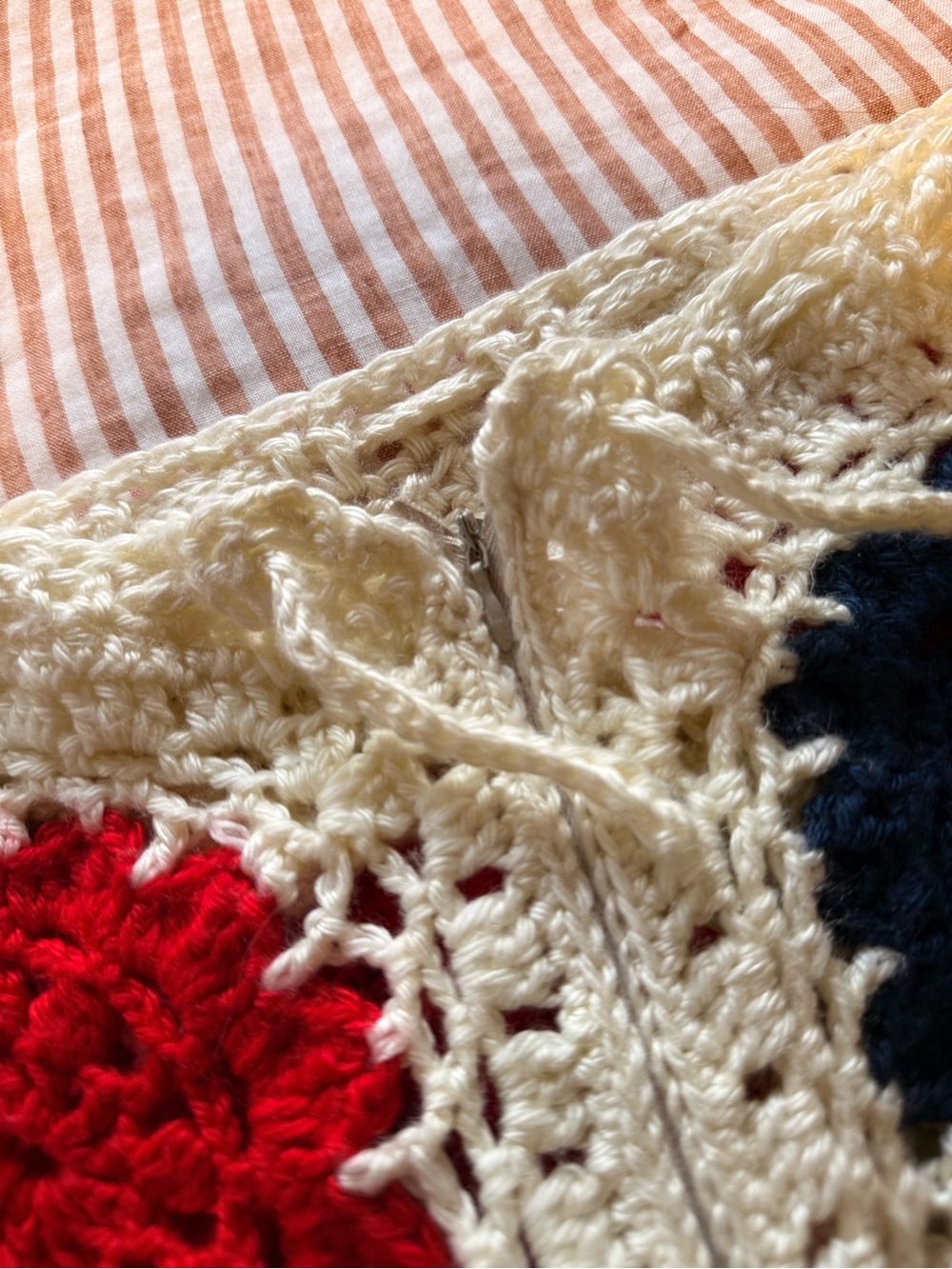 Handcrafted Crochet Boot Cut Pants in Red, Navy & Cream - Picture 4 of 5